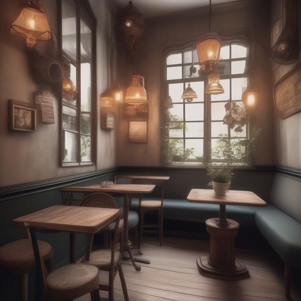 Bàn ghế gỗ vintage trong quán cafe