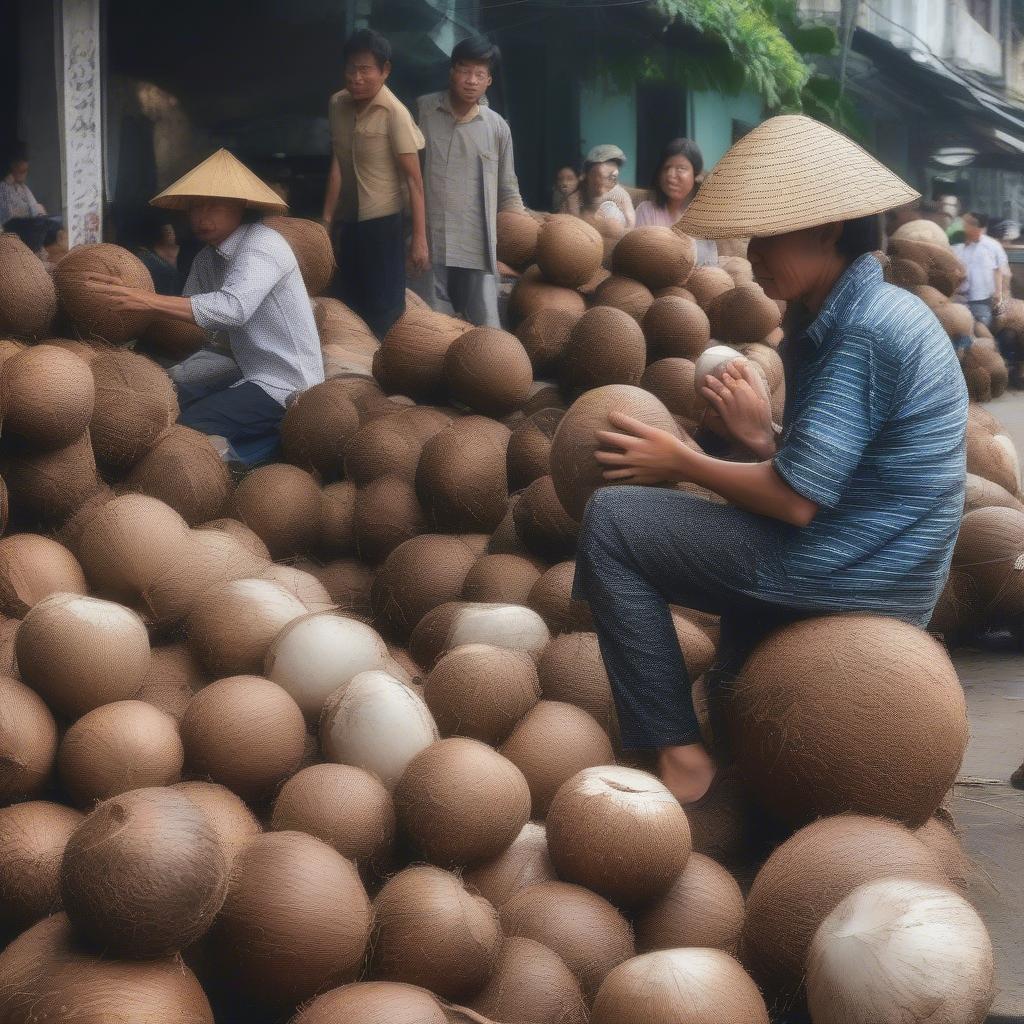 Chợ đầu mối dừa Hà Nội nhộn nhịp, người mua kẻ bán tấp nập.