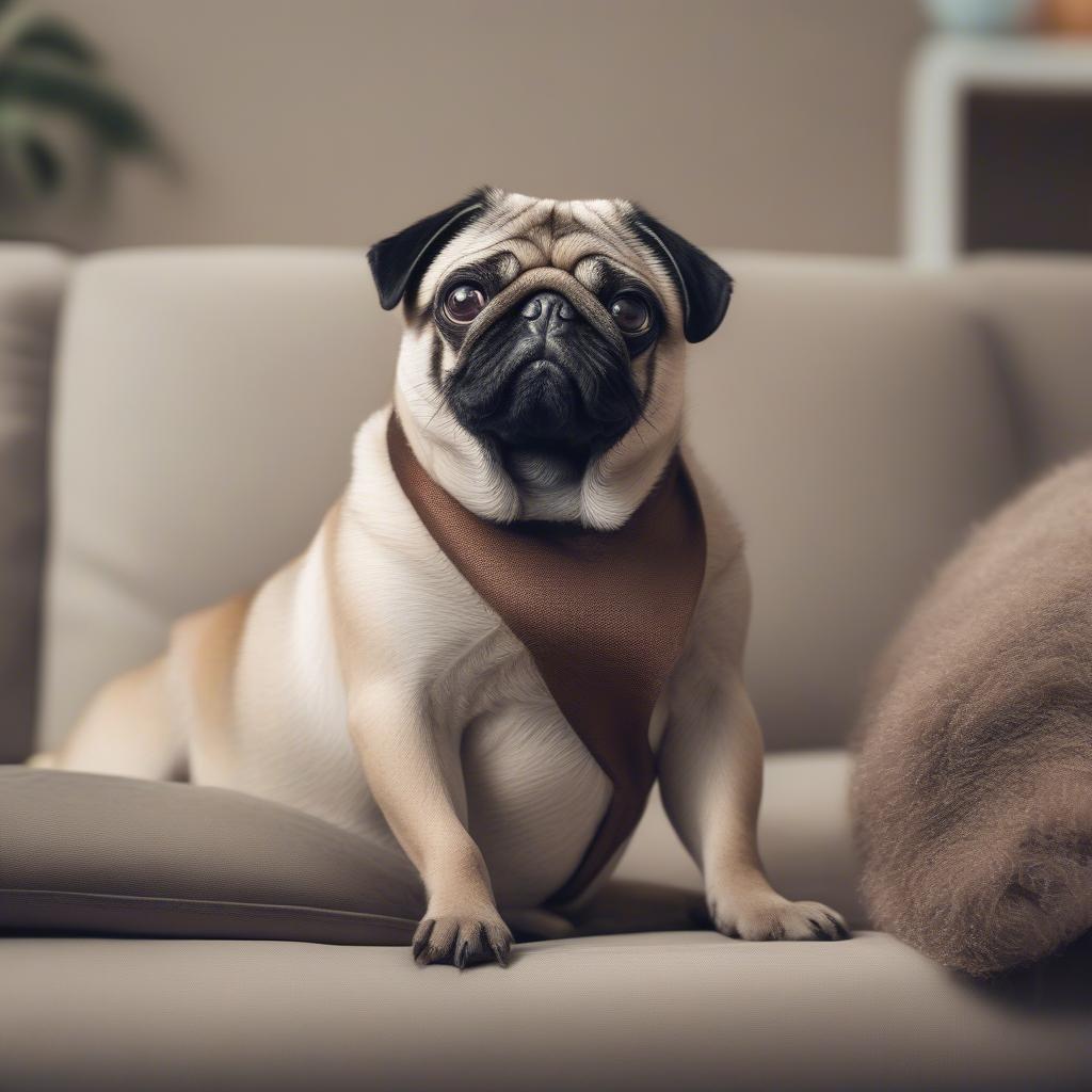Một chú chó Pug trưởng thành khỏe mạnh, lông mượt mà, đang ngồi trên ghế sofa. Chú chó có vẻ mặt vui vẻ và thoải mái.