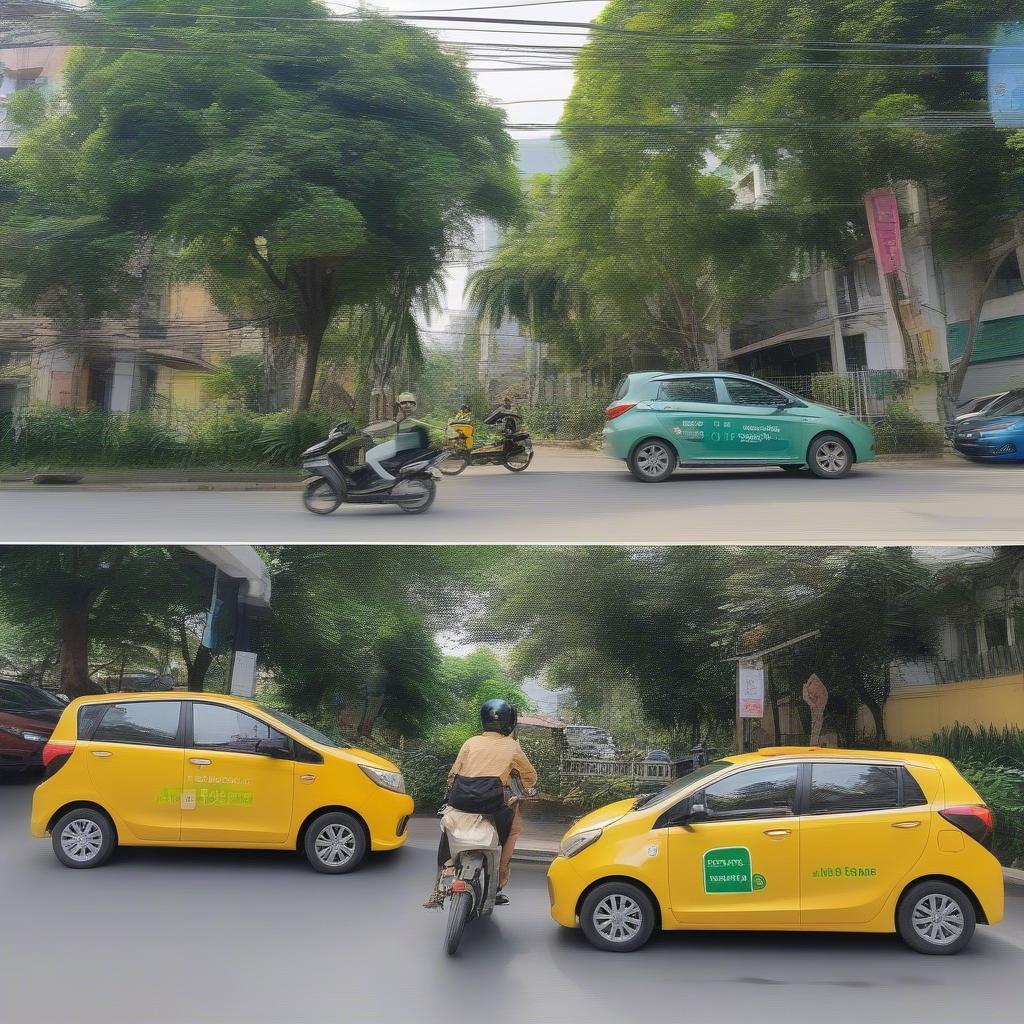 Hình ảnh minh họa GrabCar và GrabBike di chuyển trên đường phố Mỹ Tho