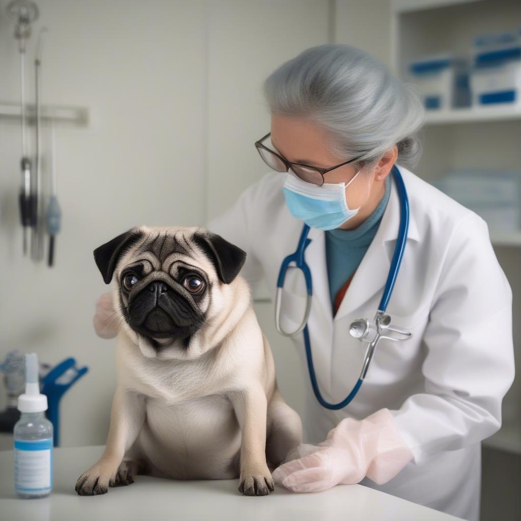 Bác sĩ thú y đang kiểm tra sức khỏe cho một chú chó Pug. Bác sĩ đeo găng tay và khẩu trang, sử dụng ống nghe để kiểm tra nhịp tim và phổi của chú chó.