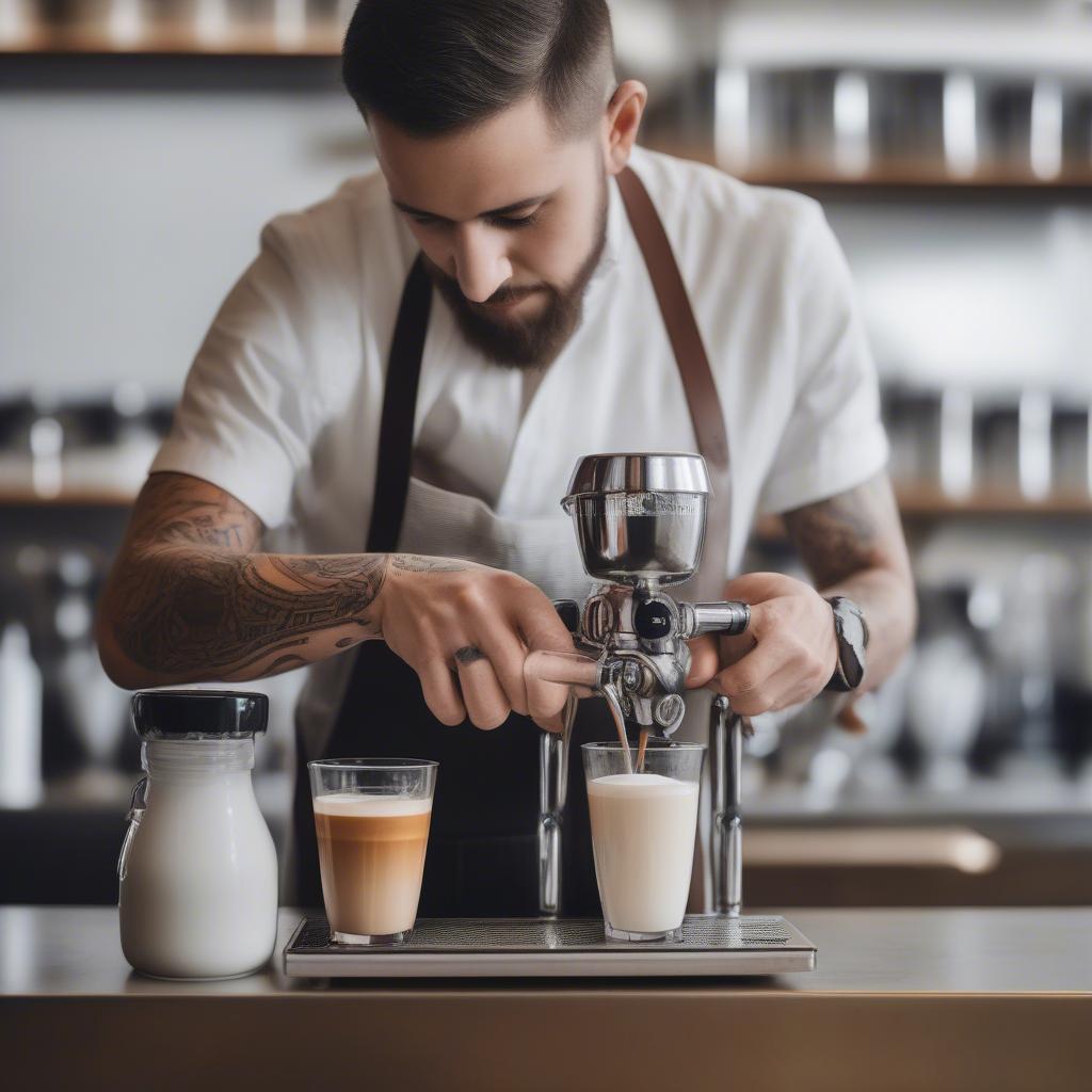 Barista đang pha chế latte nóng với kỹ thuật chuyên nghiệp.