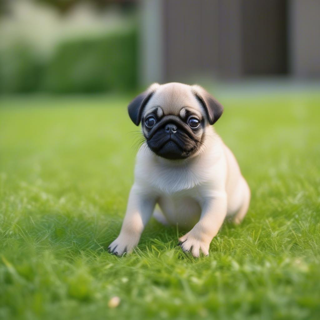 Chó Pug con màu nâu fawn đang chơi đùa trên thảm cỏ xanh mướt.