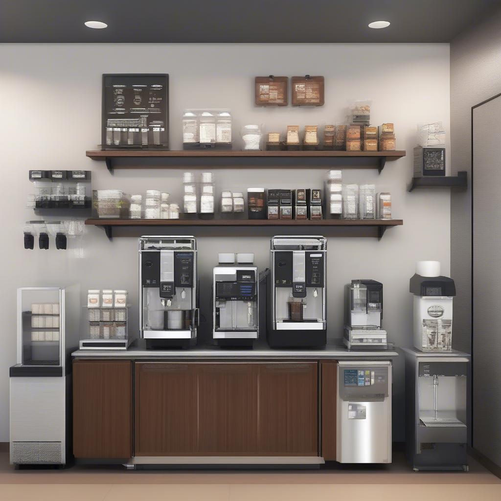 Các thiết bị quầy pha chế cà phê hiện đại và tiện lợi, bao gồm máy pha cà phê, máy xay, tủ lạnh, máy làm đá